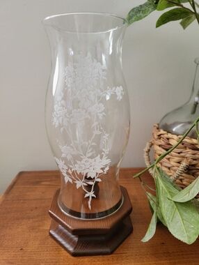 Vintage Hurricane Taper Candle Holder Floral Glass Chimney Grandmacore Wood Base